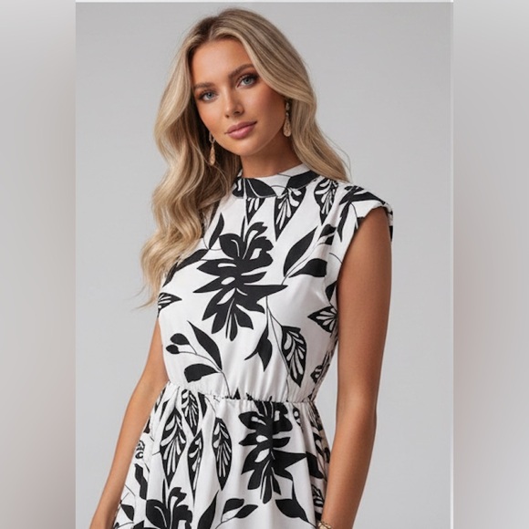 Black/White Floral Midi Dress - Picture 2 of 6